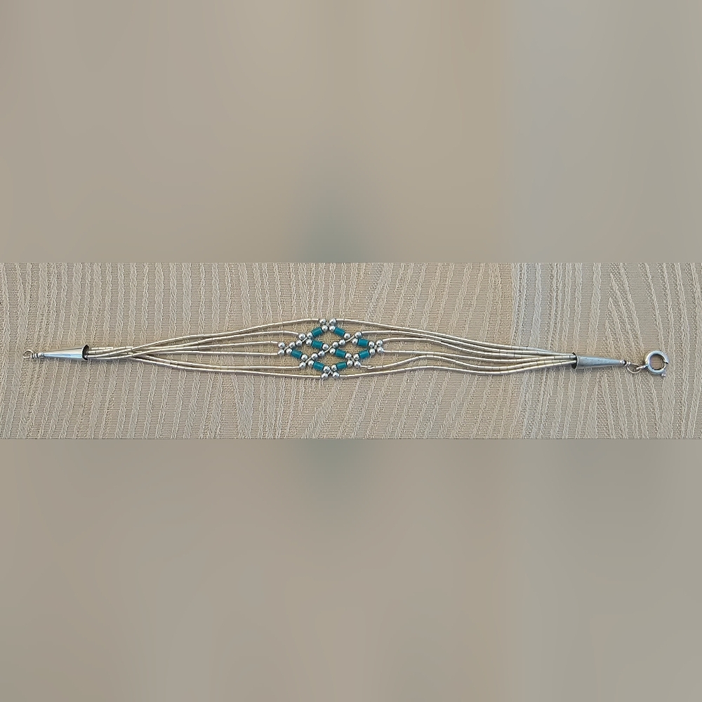 Turquoise Sterling Silver Bracelete 7.25" Sunburst Liquid Silver 925 Vintage
